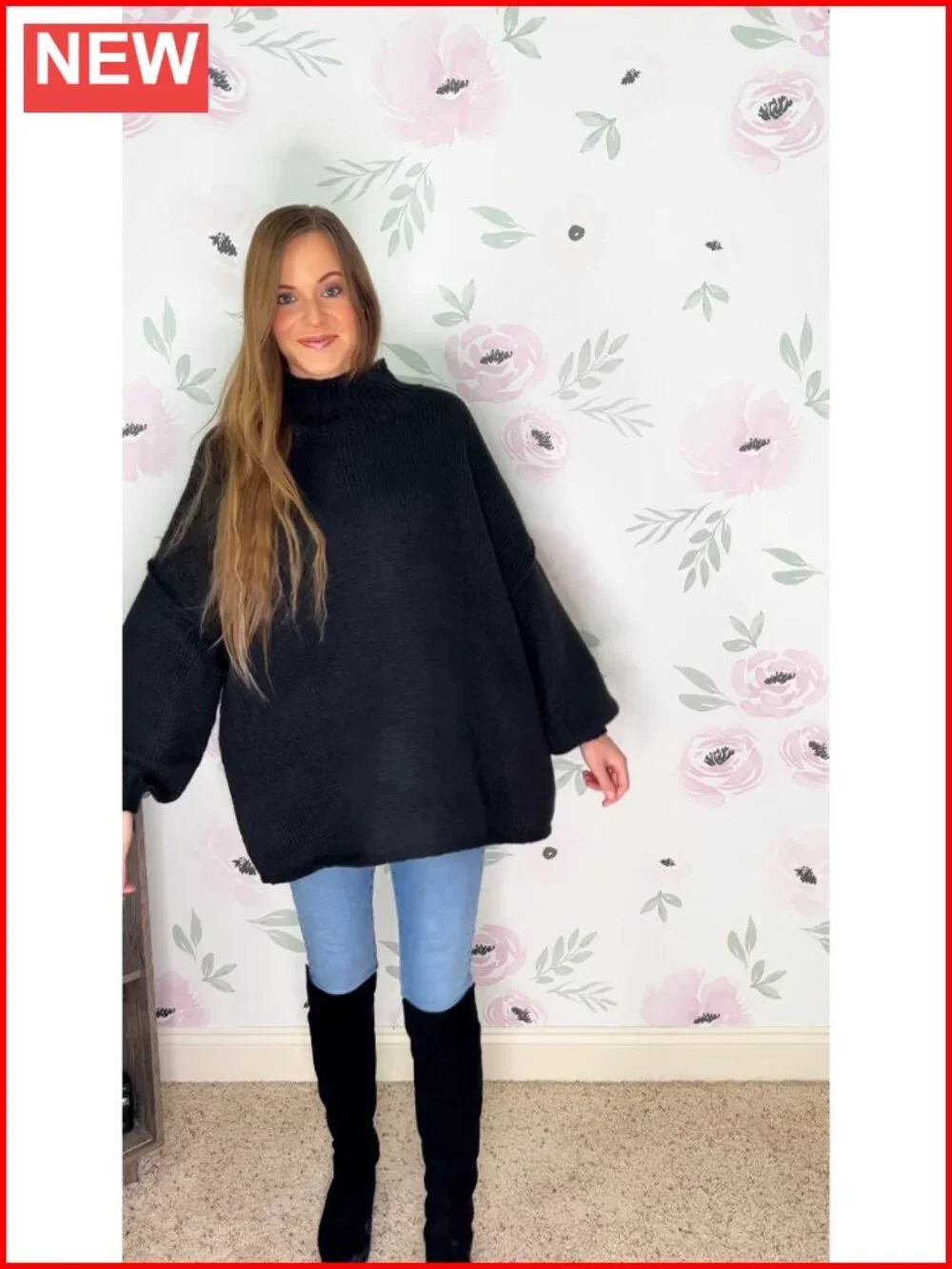 Oversized Mock Neck Tunic Sweater Ribbed Knit Batwing Long Sleeve Pullover